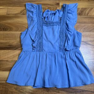 June‎ & Ivy Blue Ruffle Blouse Tie Bow Back Ruffle & Crochet Sleeve  Size Large